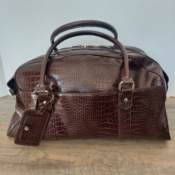 Bath & Body Works Handbags - Bath & Body Works Brown Croc Faux Leather Vintage Travel Bag